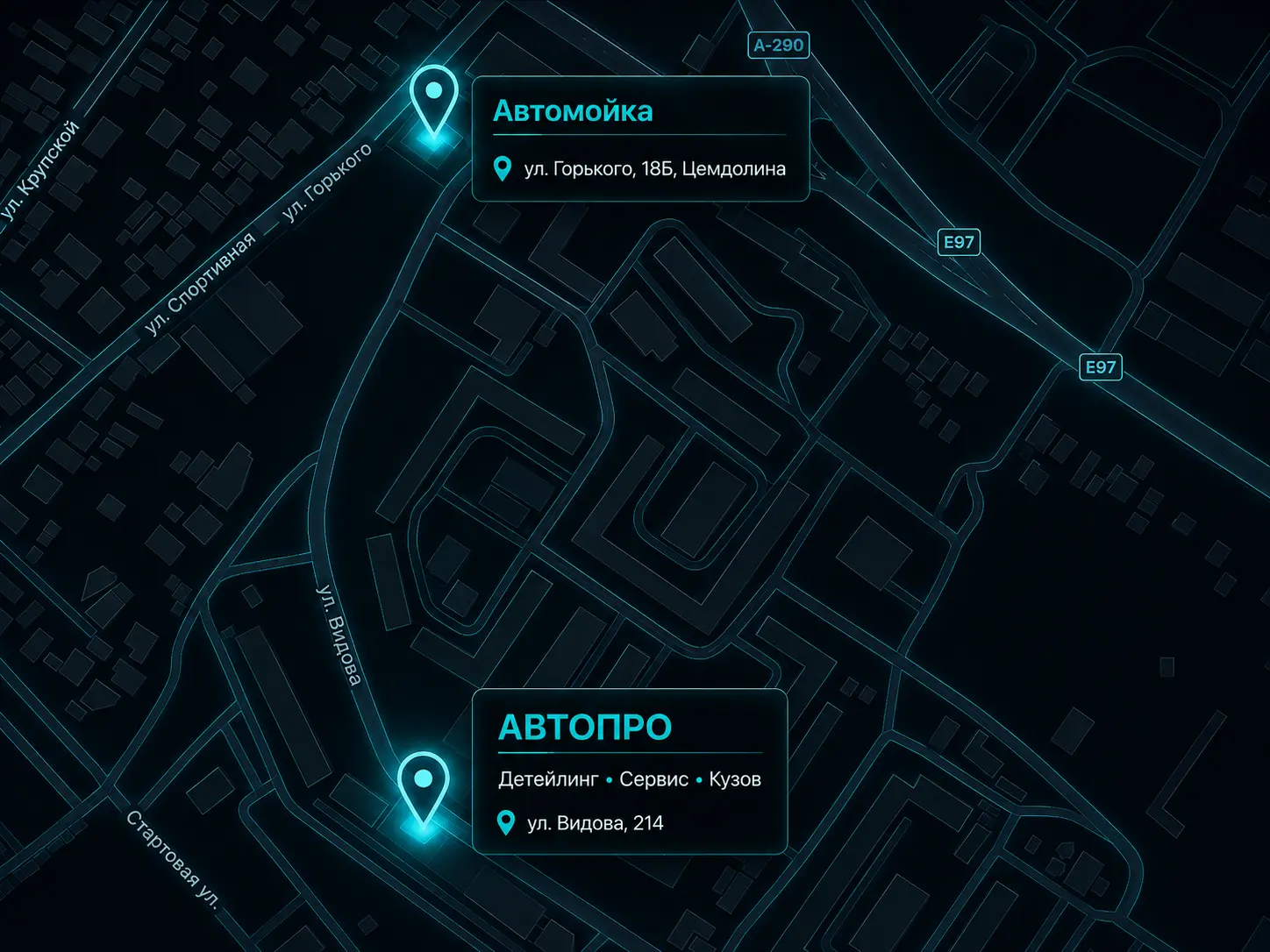 Карта двух объектов АВТОПРО в Новороссийске: ул. Горького, 18Б и ул. Видова, 214